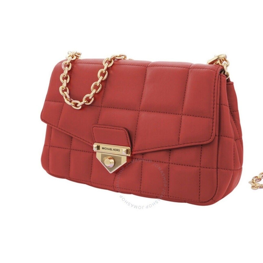 Michael Kors Soho Large Quilted Leather Shoulder Bag Crimson Red Gold Chain NWT - Picture 4 of 15